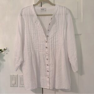 Allen Allen White Pleated Linen Button Down Tunic 1X